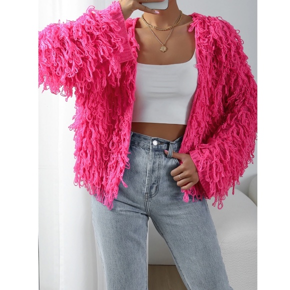 Hot Pink Fuzzy Open Knit Cardigan - Picture 6 of 9